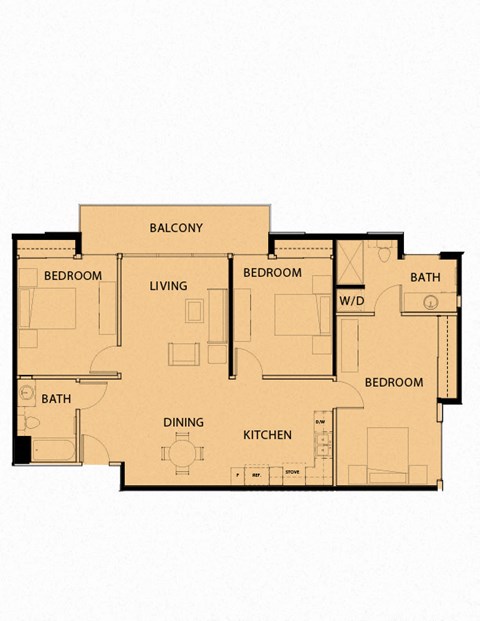 Floor plan for 3 beds, 2 baths, 1256 sqft